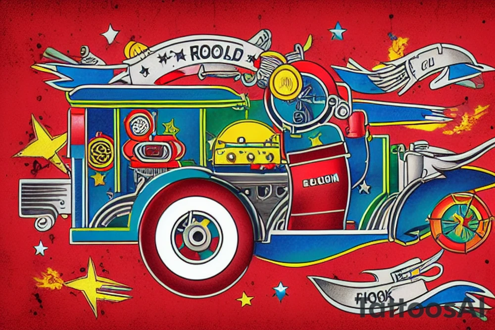 old school rocket  fire engine with stars colorful red blue yellow green tattoo idea