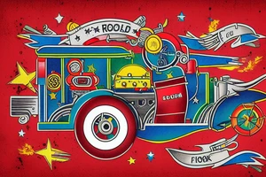 old school rocket  fire engine with stars colorful red blue yellow green tattoo idea