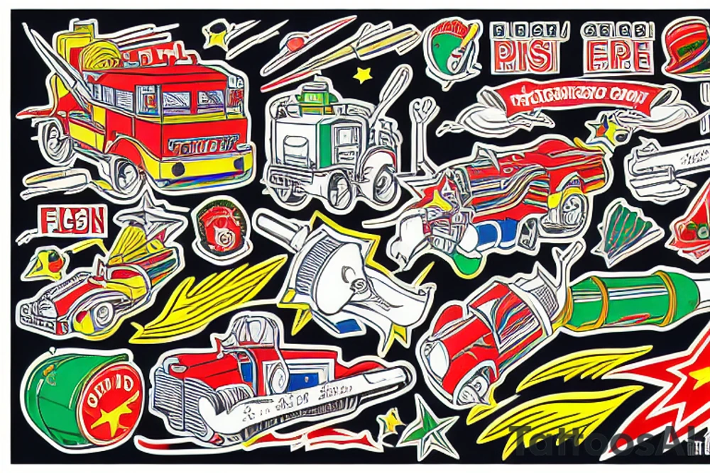 old school rocket  fire engine with stars colorful red blue yellow green tattoo idea