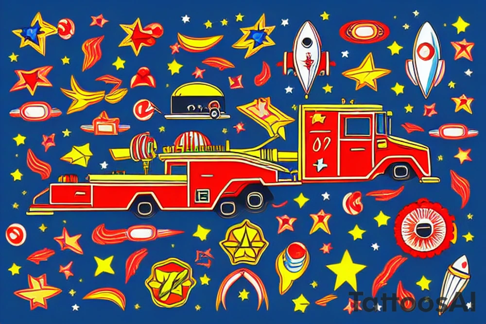 old school rocket,  fire engine with stars colorful red blue yellow green tattoo idea
