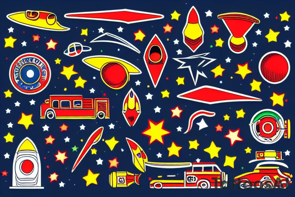 old school rocket,  fire engine with stars colorful red blue yellow green tattoo idea