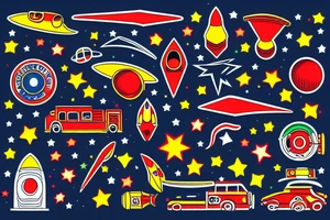 old school rocket,  fire engine with stars colorful red blue yellow green tattoo idea