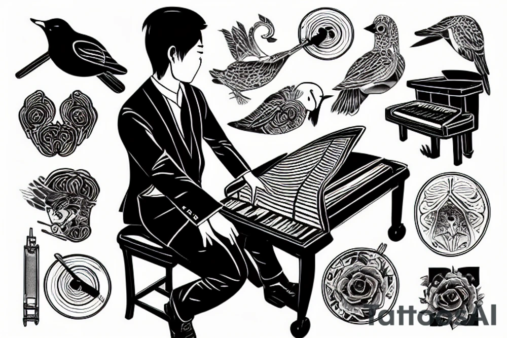 Man playing piano, birds eye view tattoo idea