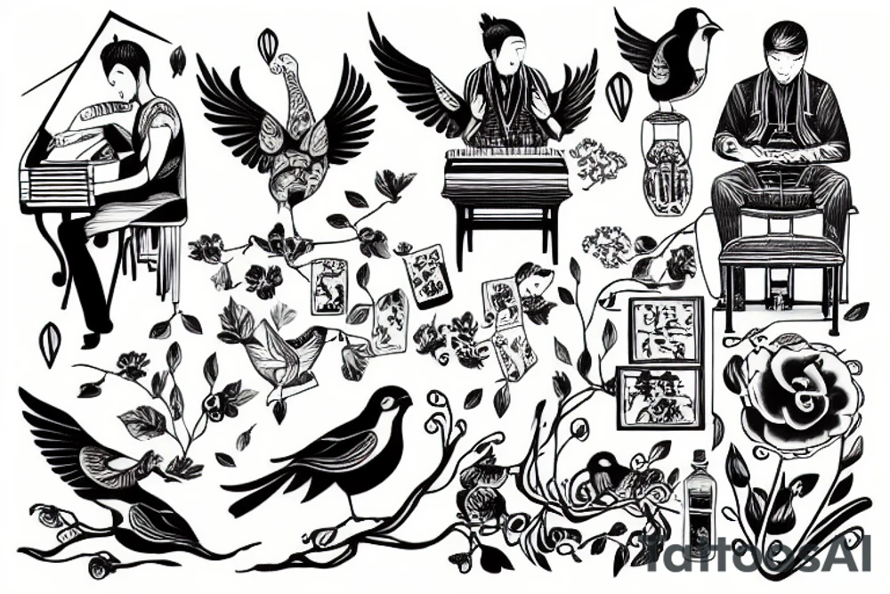 Man playing piano, birds eye view tattoo idea