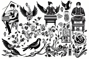 Man playing piano, birds eye view tattoo idea