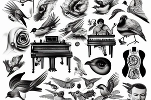 Man playing piano, birds eye view tattoo idea