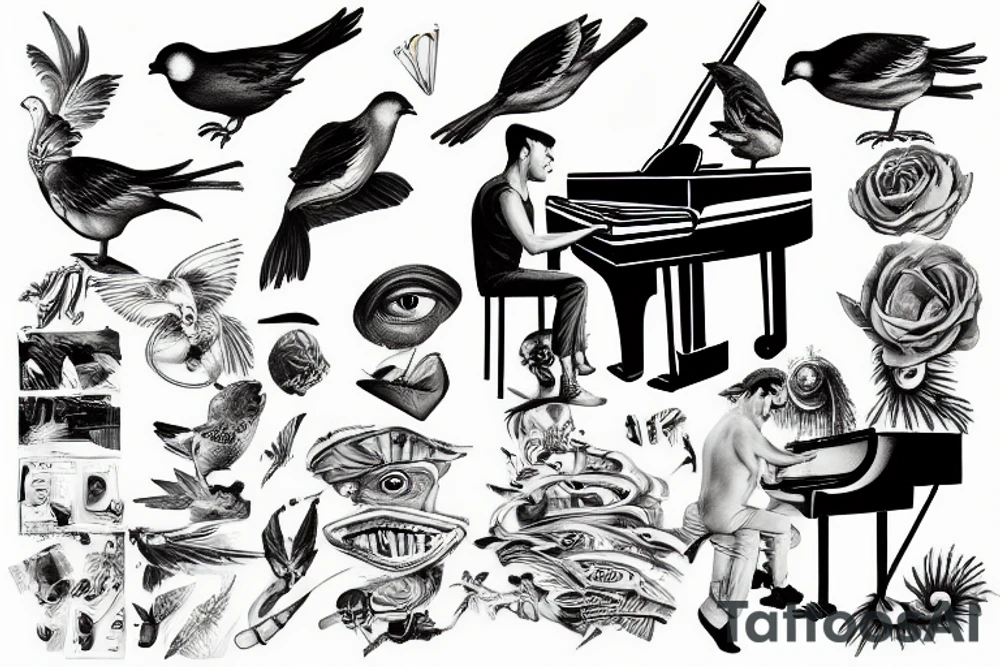 Man playing piano, birds eye view tattoo idea