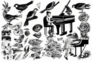 Man playing piano, birds eye view tattoo idea