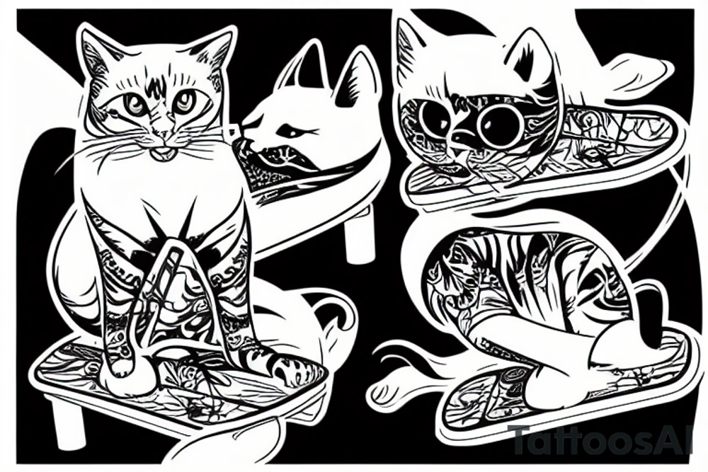 gatto siamese con cappelo su skateboard tattoo idea