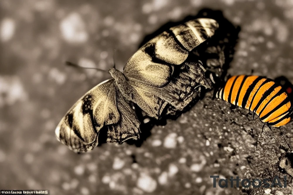 The caterpillar is a prisoner to the streets that conceived it
Its only job is to eat or consume everything around it
In order to protect itself from this mad city
While consuming its environment
The caterpillar begins to notice ways to survive
One thing it noticed is how much the world shuns him
But praises the butterfly
The butterfly represents the talent, the thoughtfulness
And the beauty within the caterpillar
But having a harsh outlook on life
The caterpillar sees the butterfly as weak
And figures out a way to pimp it to his own benefits
Already surrounded by this mad city
The caterpillar goes to work on the cocoon
Which institutionalizes him
He can no longer see past his own thoughts
He's trapped
When trapped inside these walls certain ideas take root, such as
Going home, and bringing back new concepts to this mad city
The result?
Wings begin to emerge, breaking the cycle of feeling stagnant
Finally free, the butterfly sheds light on situations
That the caterpillar never considered, ending the internal struggle
Although the butterfly and caterpillar are completely different
They are one and the same tattoo idea