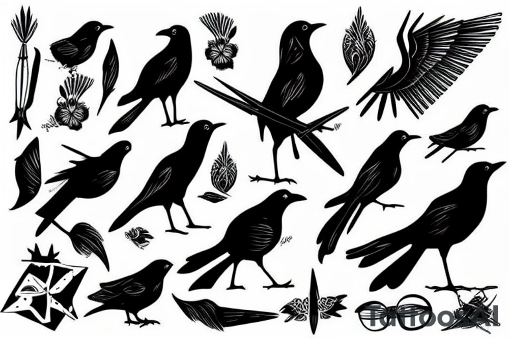 Black bird an knight on horse tattoo idea