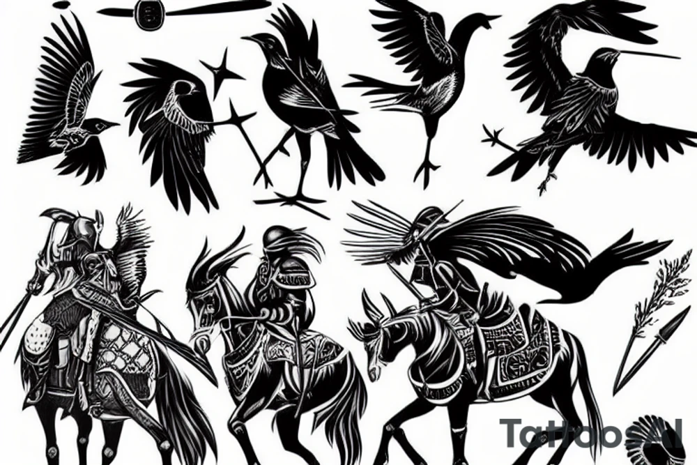 Black bird and knight on horse tattoo idea