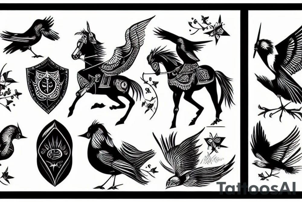 Black bird and knight on horse tattoo idea