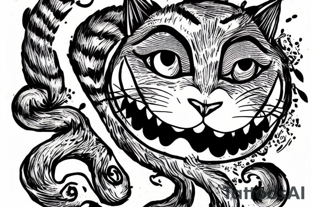 cheshire cat from Alice in Wonderland with the quote "Everyone is mad here." tattoo idea