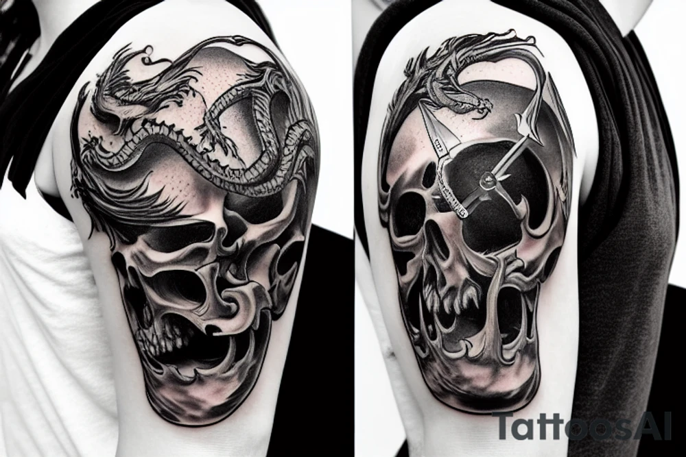 Dragon skull with a sword and a melting clock tattoo idea Dragon skull with a sword and a melting clock tattoo idea
