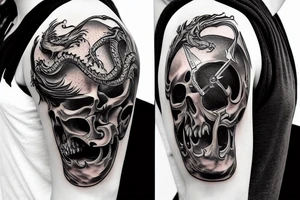 Dragon skull with a sword and a melting clock tattoo idea