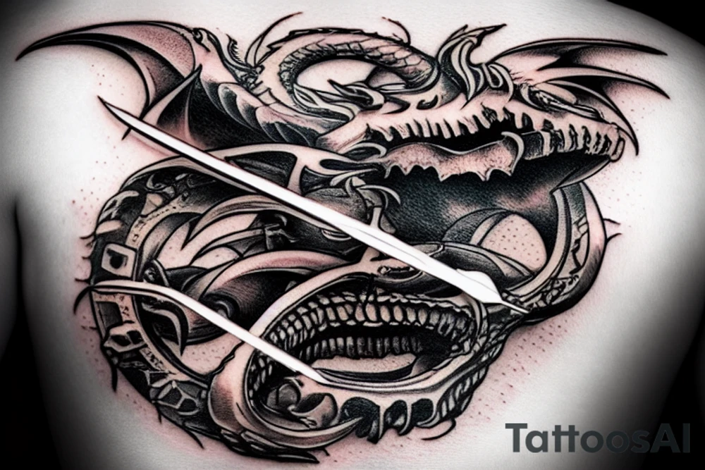 Dragon skull with a sword and a melting clock tattoo idea Dragon skull with a sword and a melting clock tattoo idea