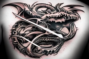 Dragon skull with a sword and a melting clock tattoo idea