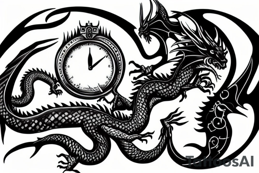 Dragon with a sword and a melting clock tattoo idea Dragon with a sword and a melting clock tattoo idea