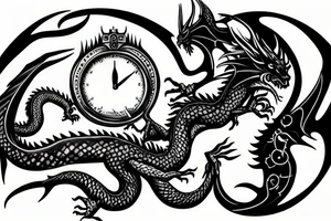 Dragon with a sword and a melting clock tattoo idea