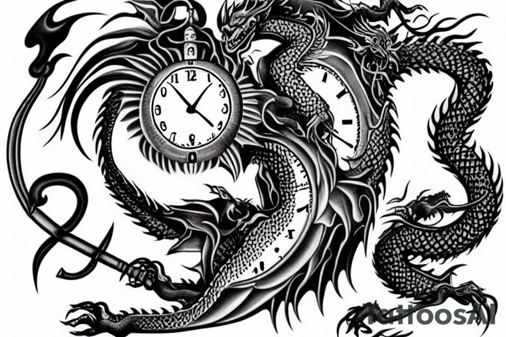 Dragon with a sword and a melting clock tattoo idea Dragon with a sword and a melting clock tattoo idea