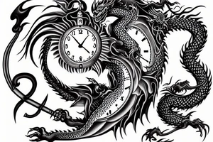 Dragon with a sword and a melting clock tattoo idea