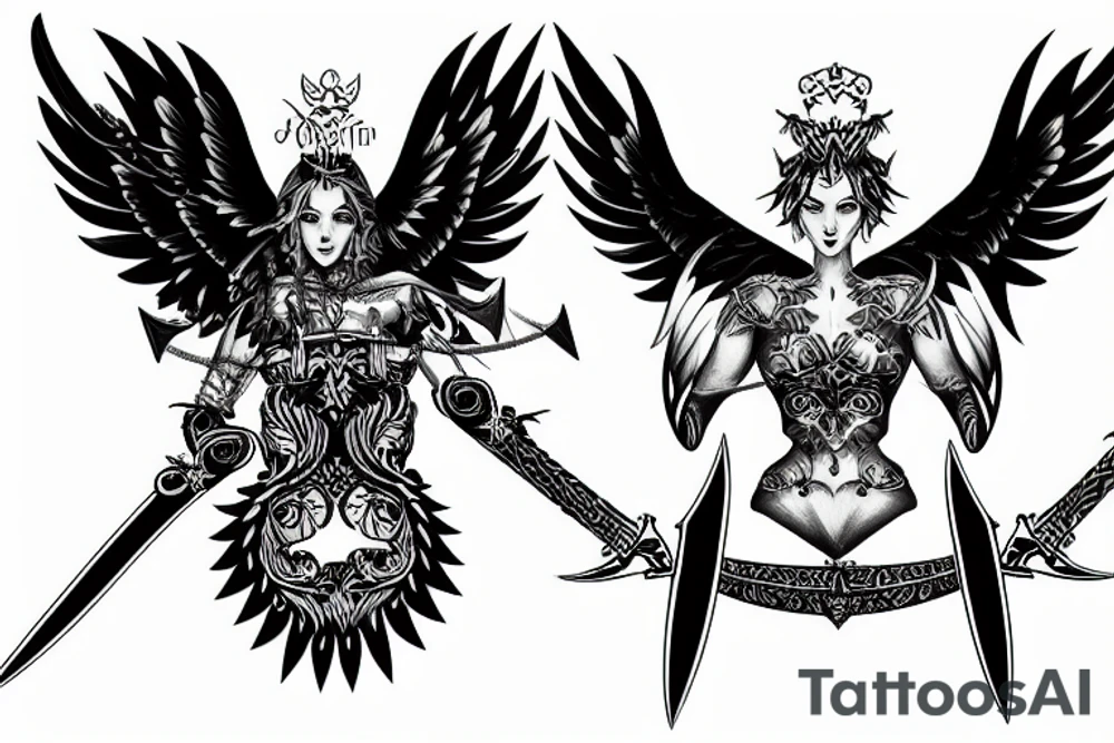 Black angel with two swords tattoo idea
