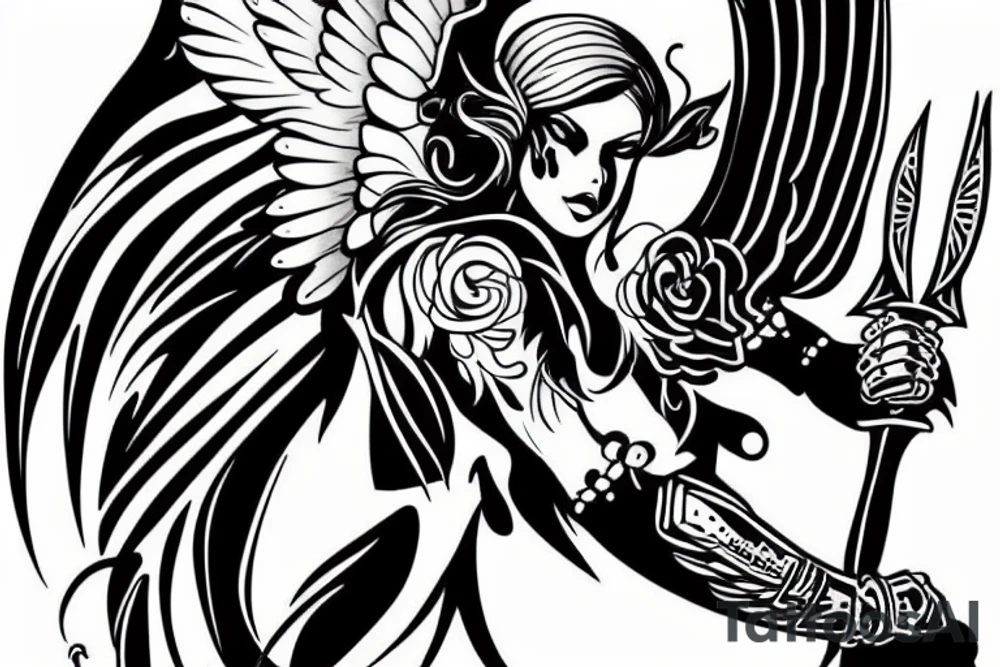 Black angel with two swords tattoo idea