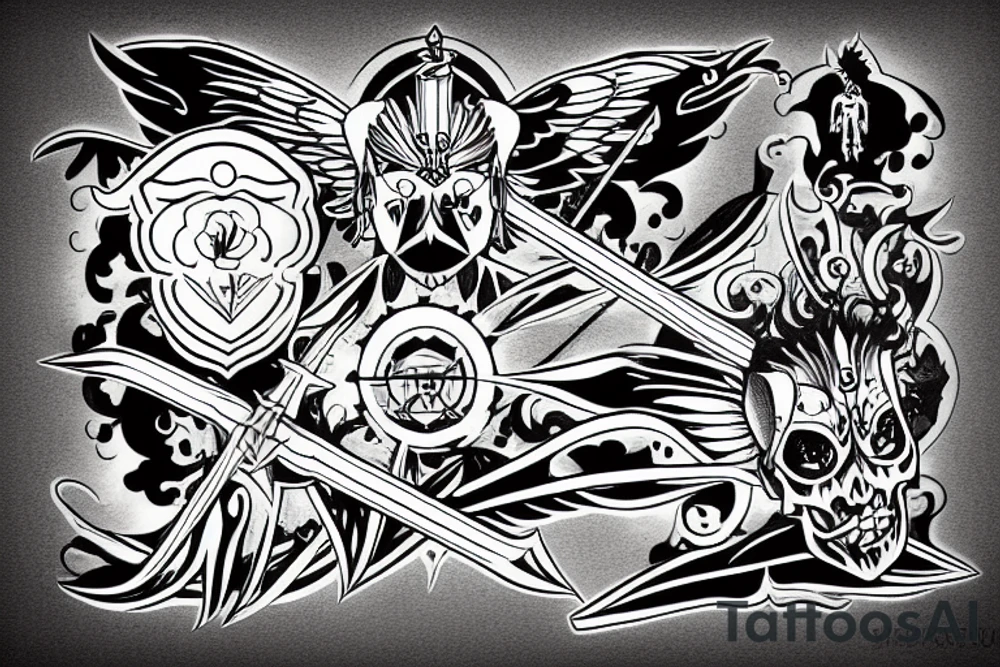 Black angel with two swords tattoo idea
