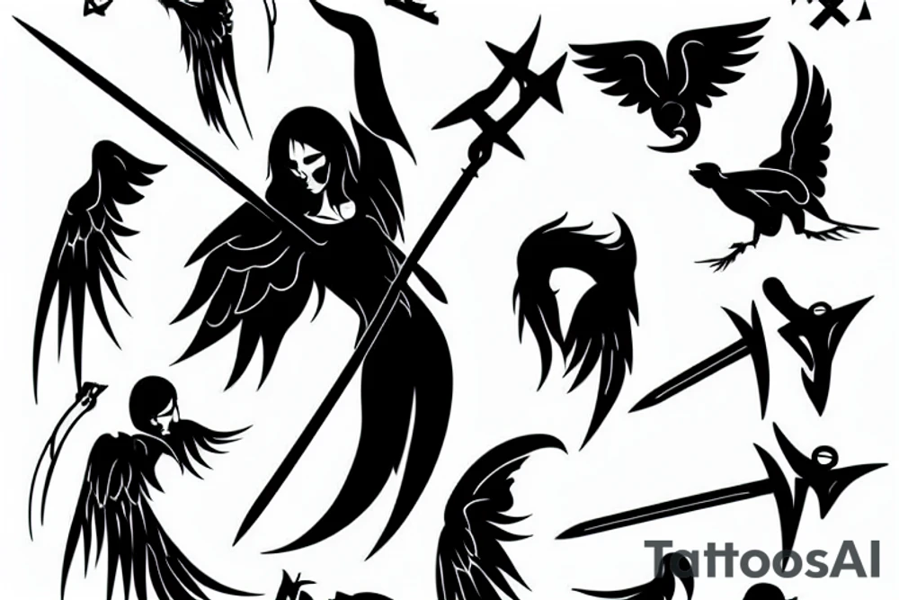 Black angel with two swords tattoo idea