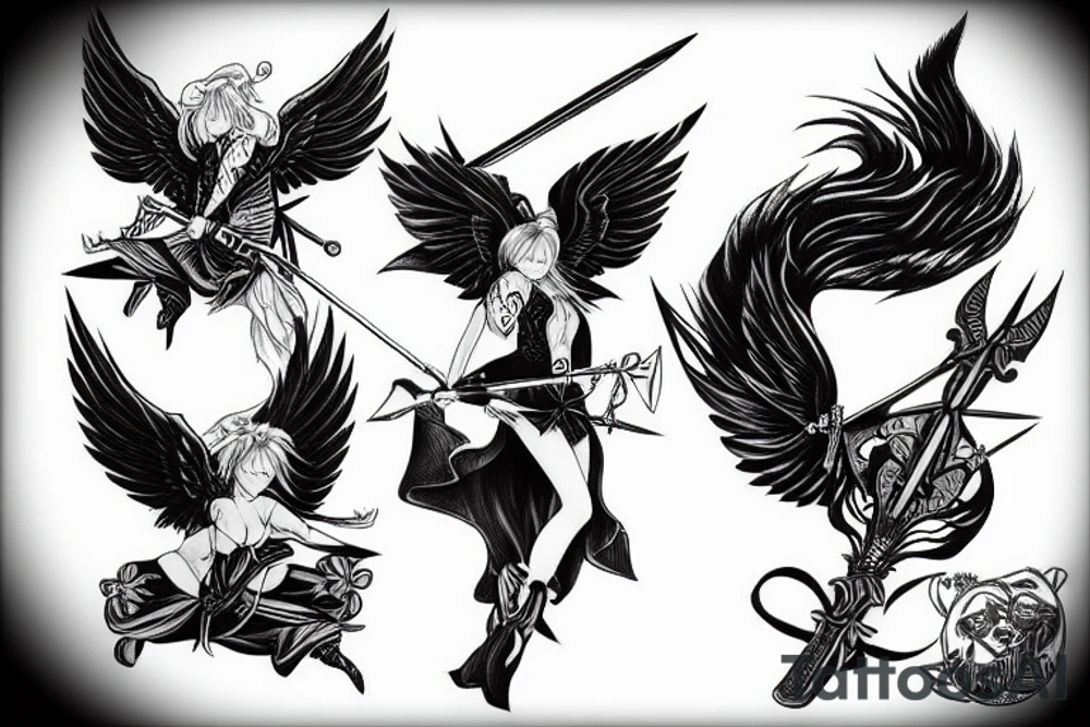 Black angel with two swords tattoo idea