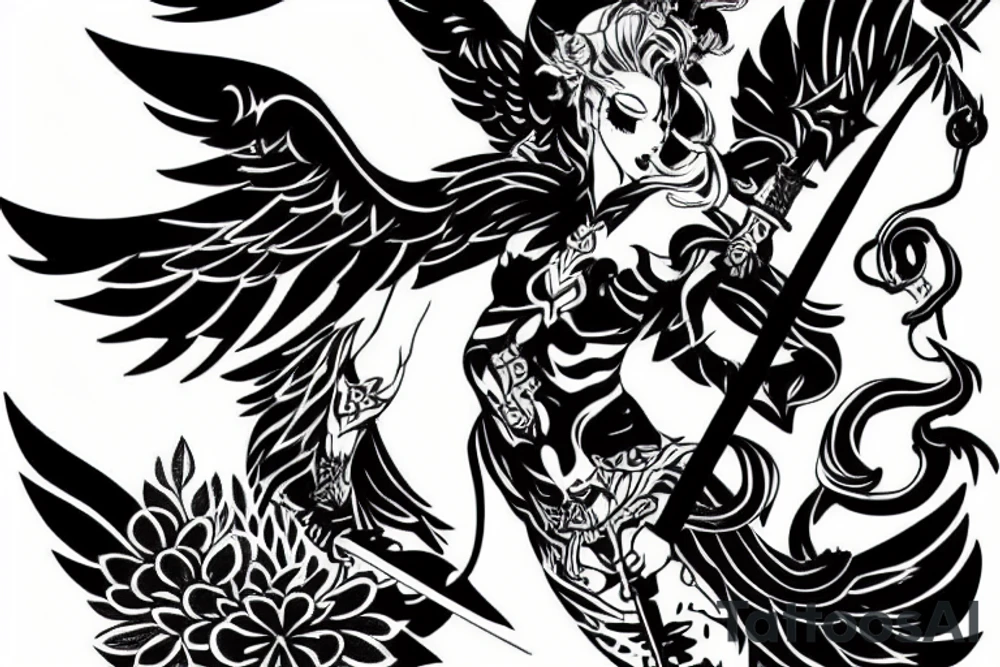 Black angel with two swords tattoo idea