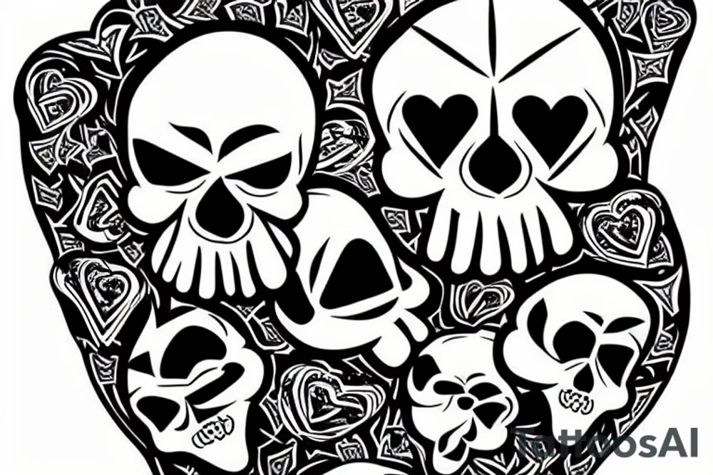 skull with heart and card tattoo idea