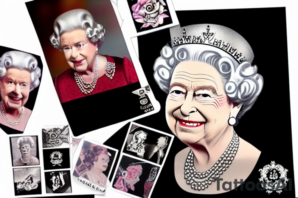 Queen Elizabeth II dies on September 8, 2022 at age 96 years old reigning for 70 years since the 1950s when she was 26 years old with Her Corgi Dogs and Clutch Purse tattoo idea