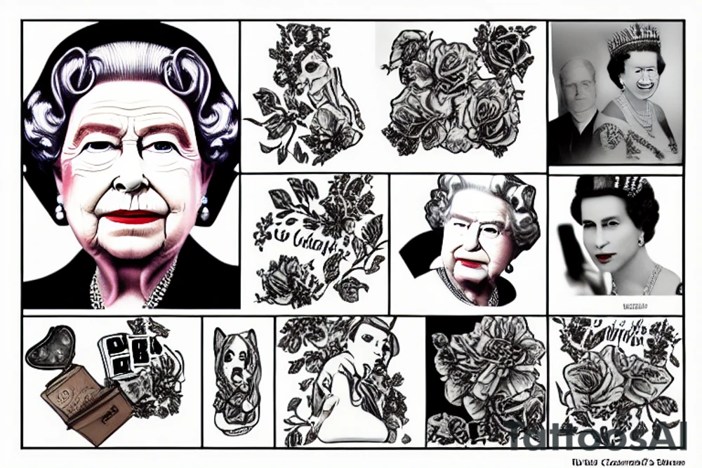 Queen Elizabeth II dies on September 8, 2022 at age 96 years old reigning for 70 years since the 1950s when she was 26 years old with Her Corgi Dogs and Clutch Purse tattoo idea