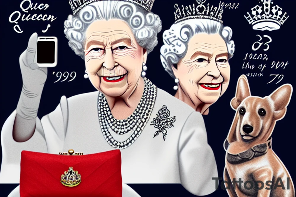 Queen Elizabeth II dies on September 8, 2022 at age 96 years old reigning for 70 years since the 1950s when she was 26 years old with Her Corgi Dogs and Clutch Purse tattoo idea