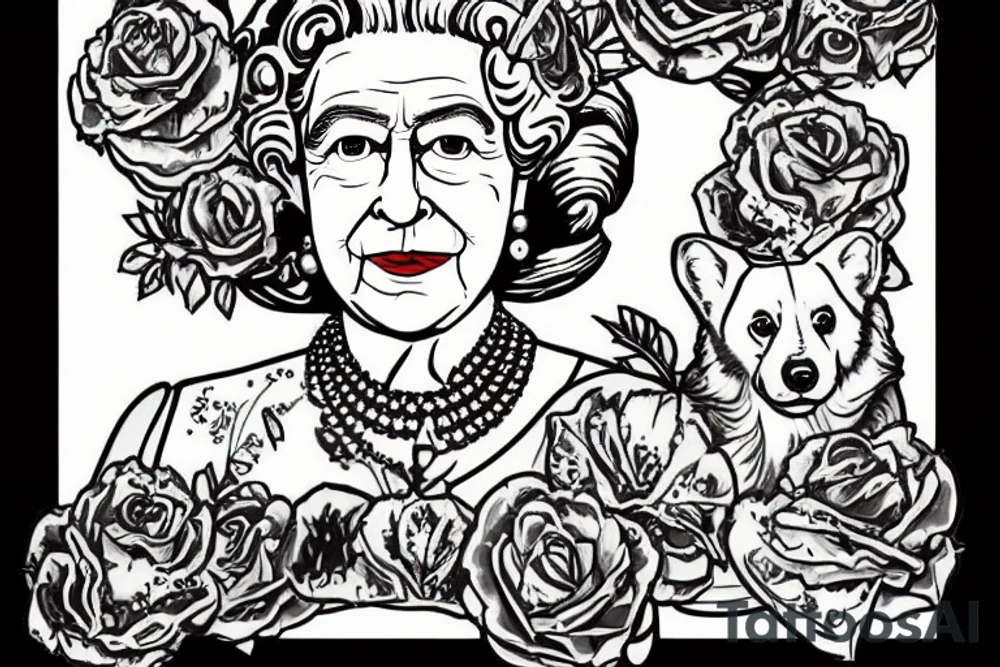 Queen Elizabeth II dies on September 8, 2022 at age 96 years old reigning for 70 years since the 1950s when she was 26 years old with Her Corgi Dogs and Clutch Purse tattoo idea