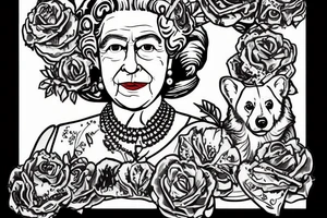 Queen Elizabeth II dies on September 8, 2022 at age 96 years old reigning for 70 years since the 1950s when she was 26 years old with Her Corgi Dogs and Clutch Purse tattoo idea
