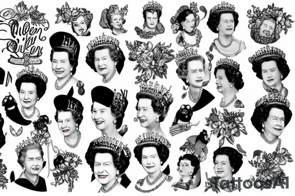 Queen Elizabeth II dies on September 8, 2022 at age 96 years old reigning for 70 years since the 1950s when she was 26 years old with Her Corgi Dogs and Clutch Purse tattoo idea