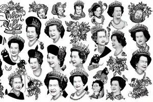 Queen Elizabeth II dies on September 8, 2022 at age 96 years old reigning for 70 years since the 1950s when she was 26 years old with Her Corgi Dogs and Clutch Purse tattoo idea