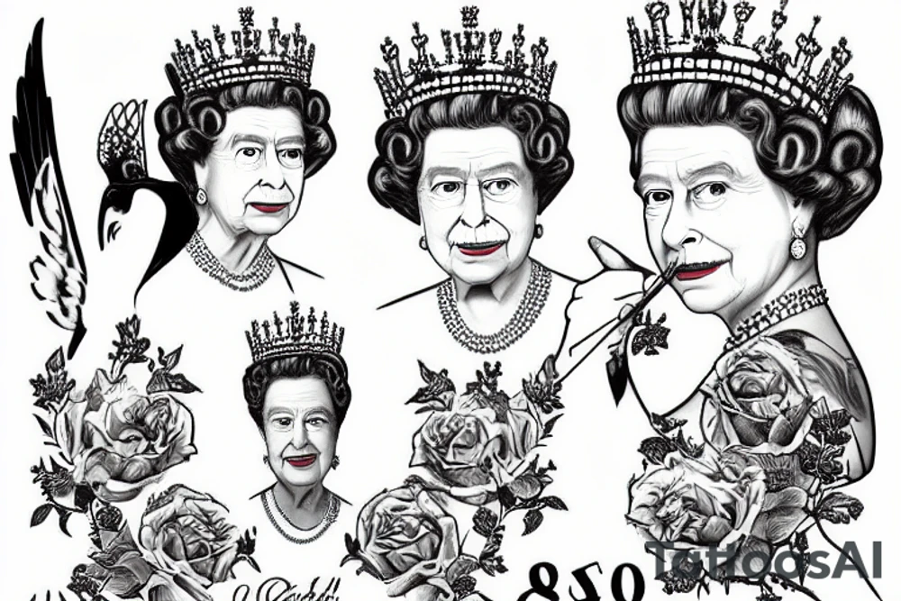 Queen Elizabeth II dies on September 8, 2022 at age 96 years old reigning for 70 years since the 1950s when she was 26 years old with Her Corgi Dogs and Clutch Purse tattoo idea