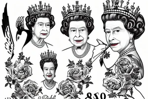 Queen Elizabeth II dies on September 8, 2022 at age 96 years old reigning for 70 years since the 1950s when she was 26 years old with Her Corgi Dogs and Clutch Purse tattoo idea