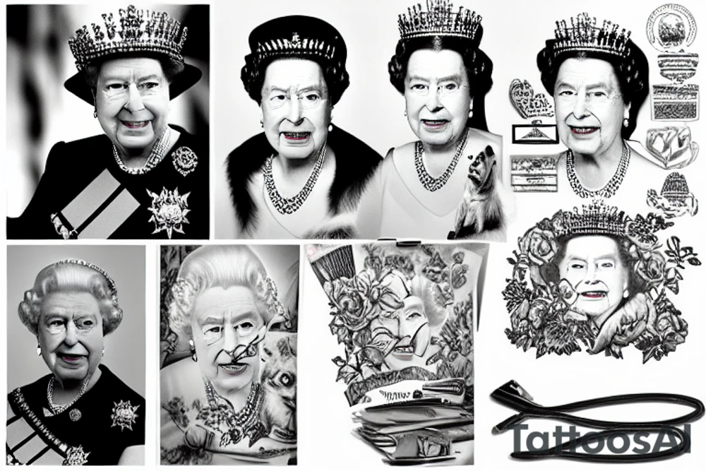 Queen Elizabeth II dies on September 8, 2022 at age 96 years old reigning for 70 years since the 1950s when she was 26 years old with Her Corgi Dogs and Clutch Purse tattoo idea