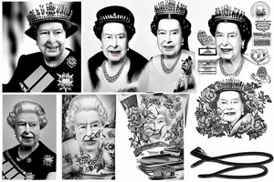 Queen Elizabeth II dies on September 8, 2022 at age 96 years old reigning for 70 years since the 1950s when she was 26 years old with Her Corgi Dogs and Clutch Purse tattoo idea