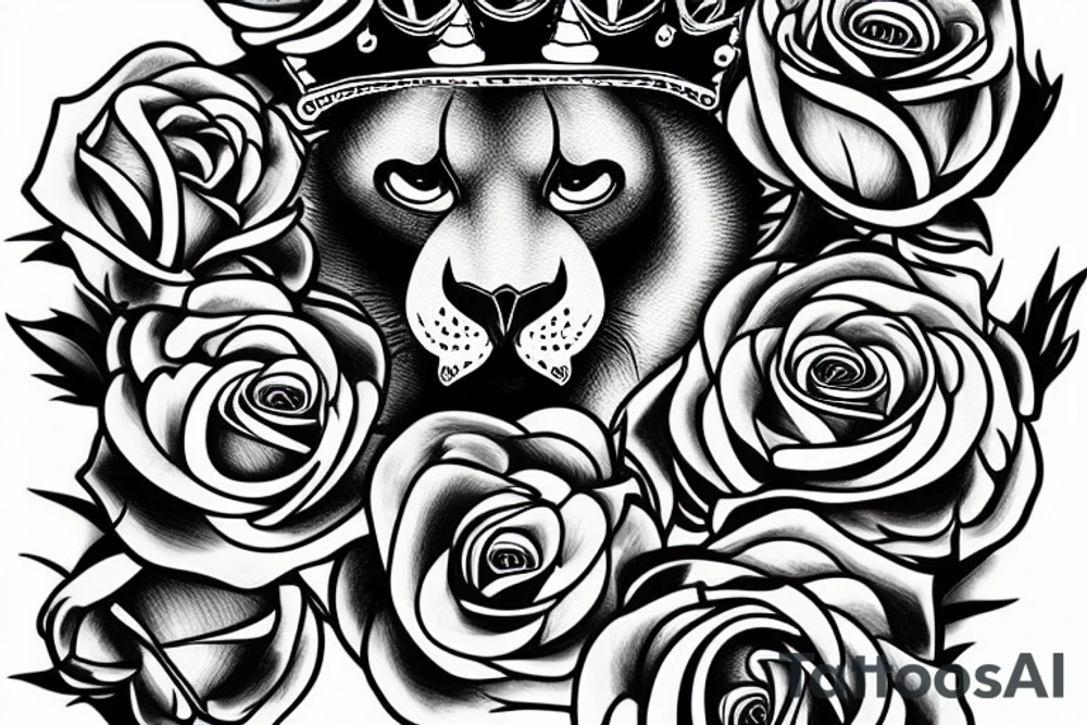 roaring lion with crown on top of roses tattoo idea