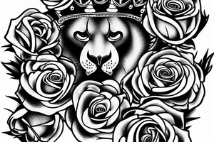 roaring lion with crown on top of roses tattoo idea