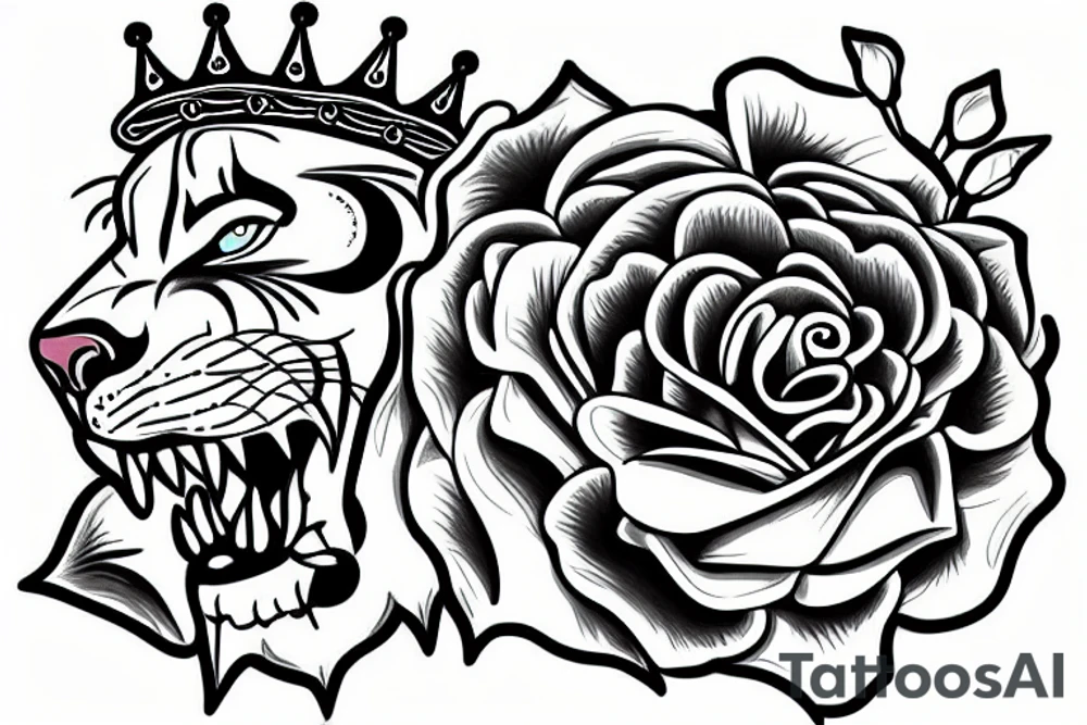 roaring lion with crown on top of roses tattoo idea