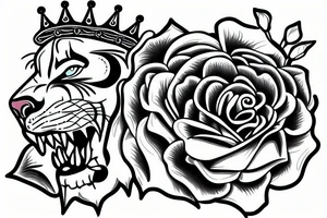roaring lion with crown on top of roses tattoo idea