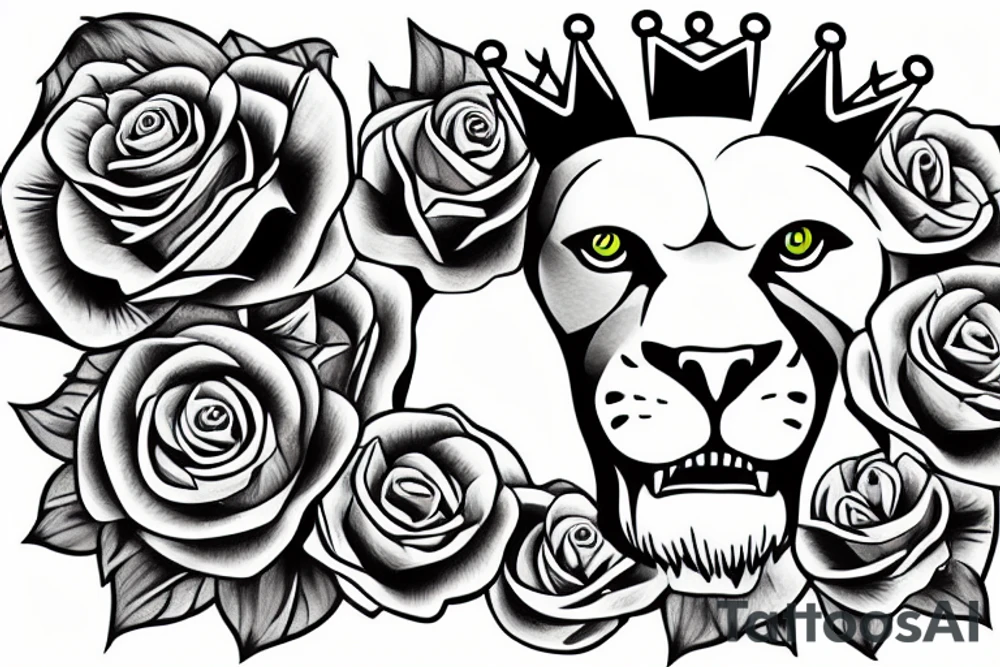 roaring lion with crown on top of roses tattoo idea