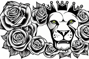 roaring lion with crown on top of roses tattoo idea